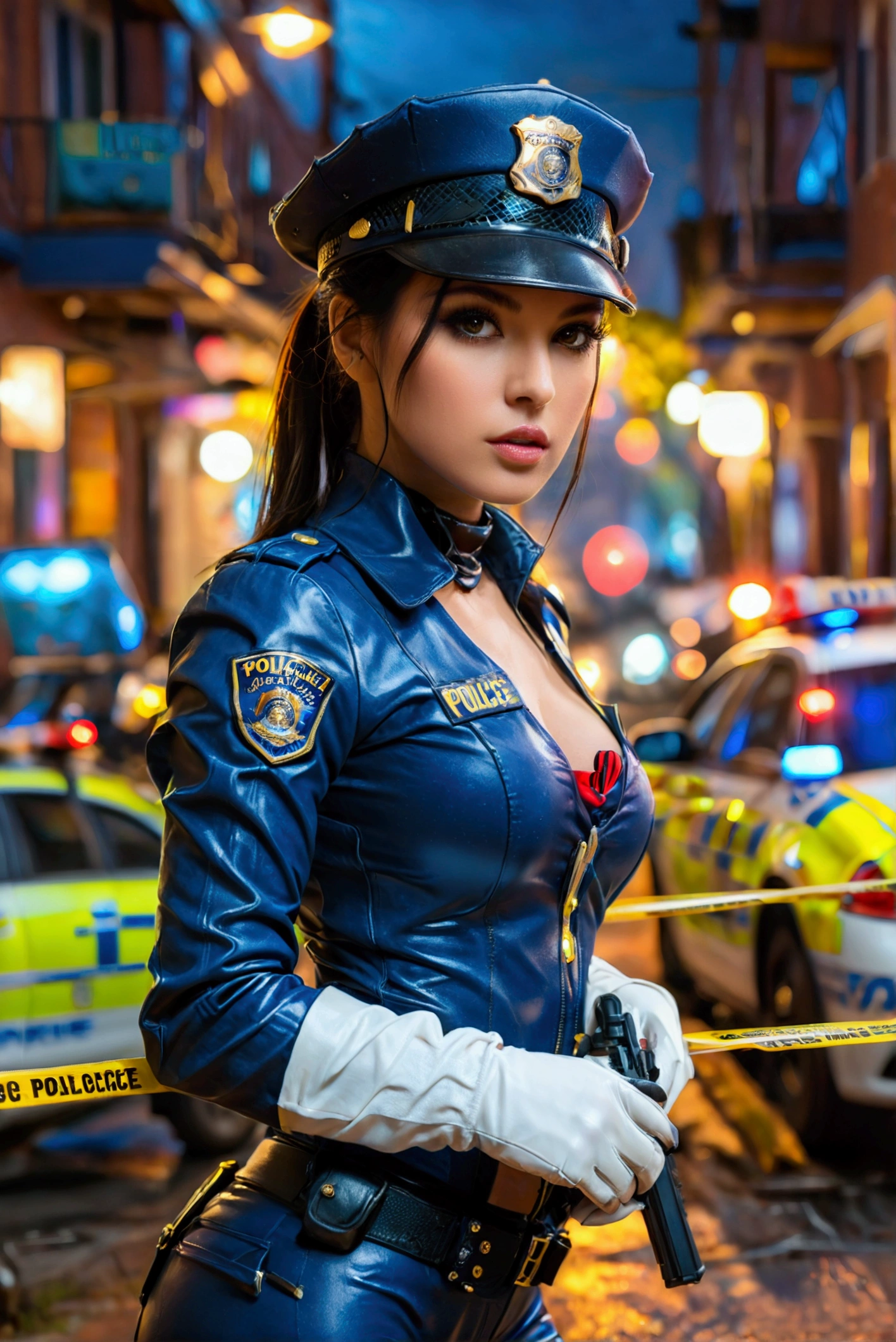 ultra realistic, photography, long black straight hair in a ponytail, (30 years old, hazel eyes, hourglass figure, perfect fit body, slightly tanned skin, natural big breasts), Long eye lashes, seductive eyes, Award Winning Glamour Photograph extremely detailed award winning glamour photograph, front lit, HDR, wearing a blue police leather catsuit, white gloves, white boots and a police cap, standing at the scene of a crime, holding a submachine gun, Police car in the background, red and blue lights, yellow crimescene tape is around the area, she is standing guard, it is late at night