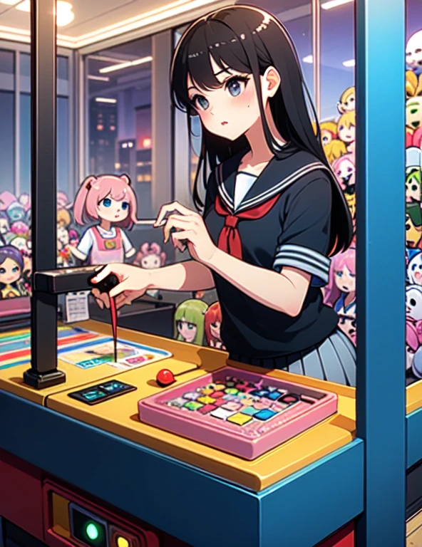 (((masterpiece))), (((Highest quality))), ((Claw Machine)), Place your hand on the bottom panel, Operate the long joystick、Press the button, Use the clamp to lift the toy, One person, Komi Shoko, shy, blush, school uniform, Claw Machine,  Rear View,