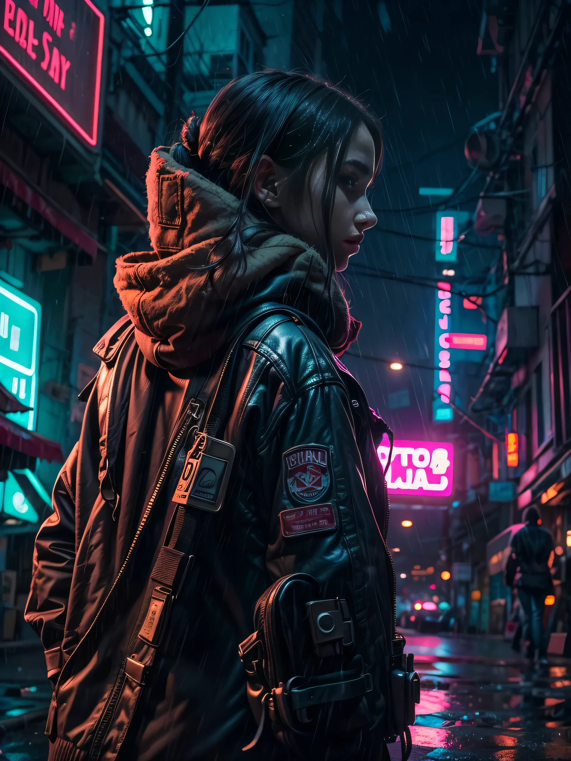 "Create a high-definition, ultra-detailed 3D rendering of a dystopian cyberpunk back alley set in the year 2527. The scene takes place at night during a mysterious, rainy atmosphere. In the foreground, prominently feature a motorcycle girl.(Looking away),(girl is far away), She should be positioned within a detailed, shadowy alley illuminated by vibrant neon signs. The neon lights should reflect off the wet pavement and cast dynamic shadows. The environment should emphasize a futuristic, gritty feel, with a strong sense of depth of field and a big-picture perspective. The scene should capture both the intricate details of the character and the dystopian surroundings." Girl is looking away, wearing scarf over her face