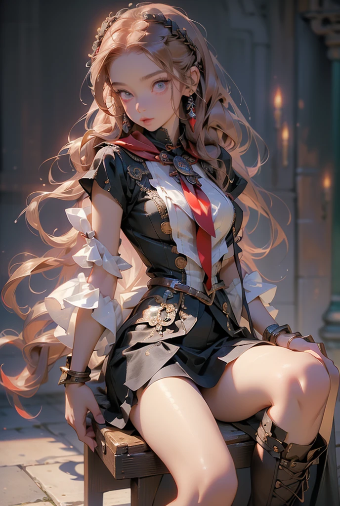 ((foto de corpo inteiro)), ((foto realista)), 1 girl, (colete: 1.2), 8k, high-res, pele finamente detalhada, lingerie, seios enormes, lenore from castlevania, vampire, red hair, skirt, standing, upskirt, standing over viewer, upskirt from below. From below view, sitting