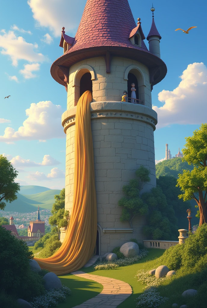 Rapunzel’s tower with her hair getting out from a window from tangled