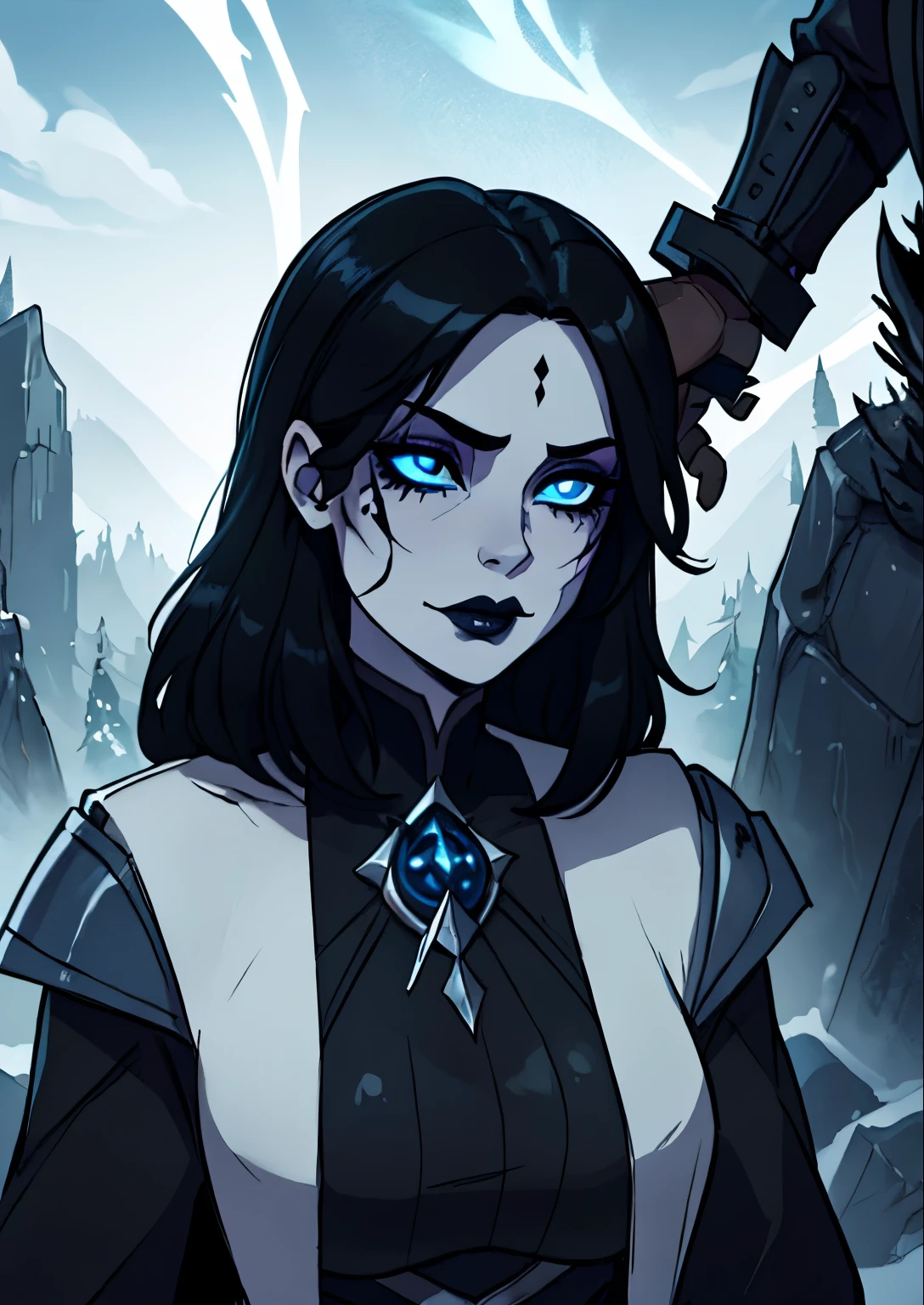 masterpiece, best quality, 1female, beautiful, face portrait, dark makeup, luminous eyes, black hair, straight hair, winter, death knight, gray dead skin, dark circles, dark lipstick, undead, face focus, wowdk, black veins in skin