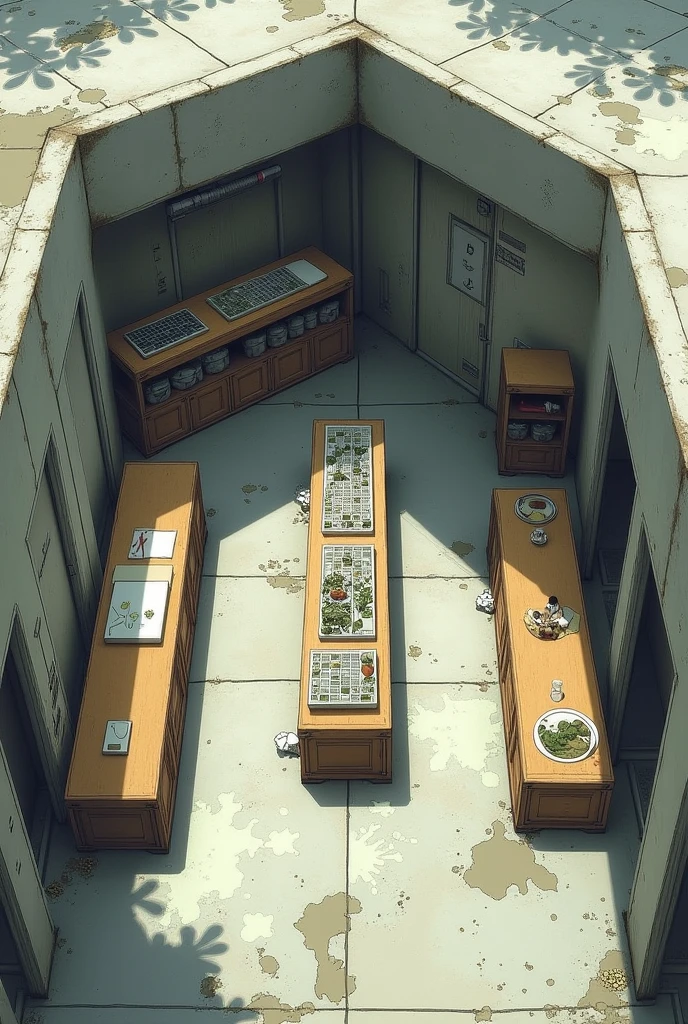 a cemented area, with a single wall on the left side and the rest of the sides open, partially covered by a roof, with a central table and several shelves and boxes on the sides. In the roofless area, a long table on which trays full of biological samples are arranged.
