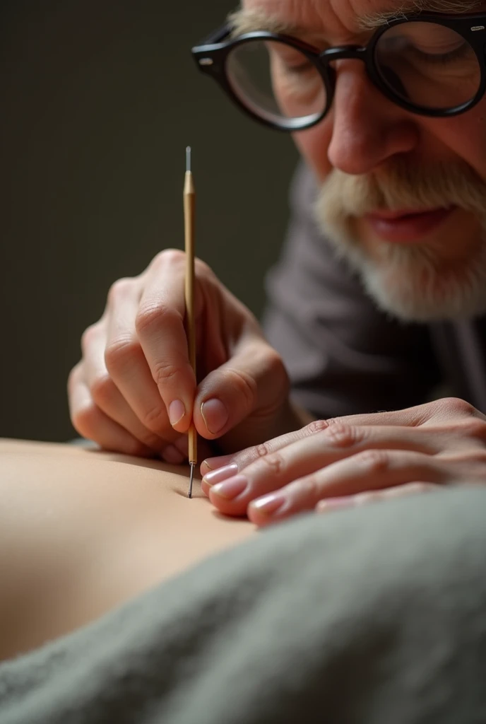 an adult acupuncturist working with a patient, photorealistic. inserting one super long and thick needle in the patients asshole