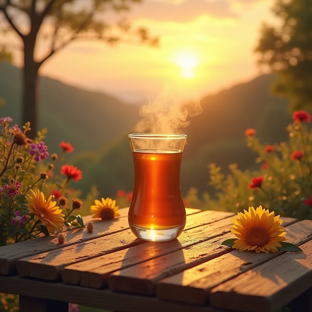 Tea glass,table,bench,sunset,flower