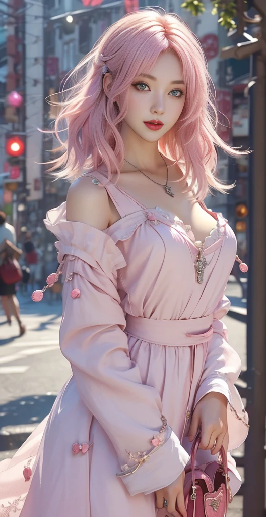 (masterpiece), (((Highest quality)), (Very detailed), 1 person, (Rainbow Hair, Colorful Hair, Half Blue、Half pink hair: 1.2), , (yukina: 1.2), Outdoor, bangs, smile, Sky blue eyes, Perfect hands, Perfect hands, Hand Detail, Modified fingers. Earrings, Night Store + background, Looking_in_Audience, Cowboy Shot, Highest quality, Rich details, Perfect image quality,