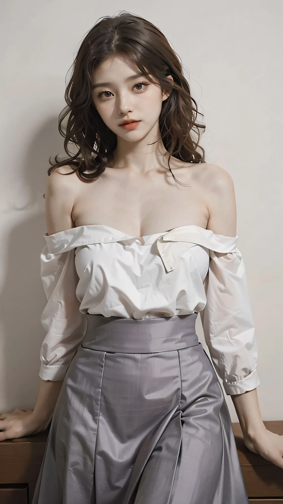 detailed background, masterpiece, best quality, 1 person , curly hair, long hair, purple eyes, star in eye , grey Strapless blouse, long skirt,