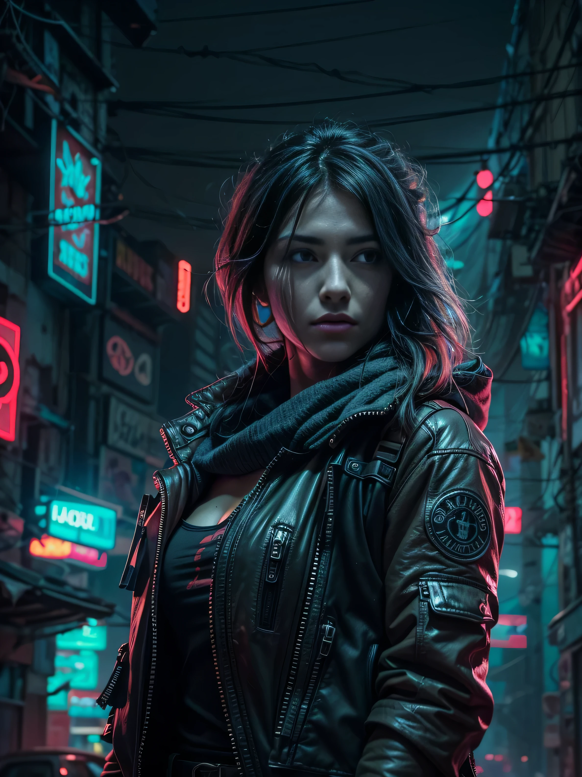 "Create a high-definition, ultra-detailed 3D rendering of a dystopian cyberpunk back alley set in the year 2527. The scene takes place at night during a mysterious, rainy atmosphere. In the foreground, prominently feature a motorcycle girl.(Looking away),(girl is far away), She should be positioned within a detailed, shadowy alley illuminated by vibrant neon signs. The neon lights should reflect off the wet pavement and cast dynamic shadows. The environment should emphasize a futuristic, gritty feel, with a strong sense of depth of field and a big-picture perspective. The scene should capture both the intricate details of the character and the dystopian surroundings." Girl is looking away, wearing scarf over her face