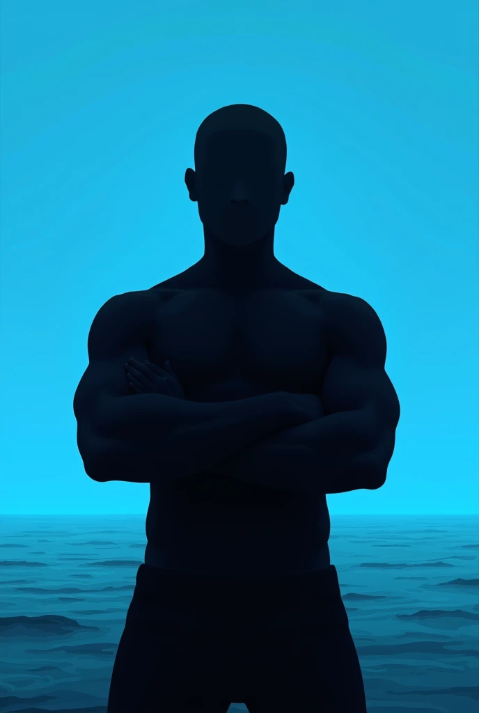 A black silhouette with arms crossed against a blue background