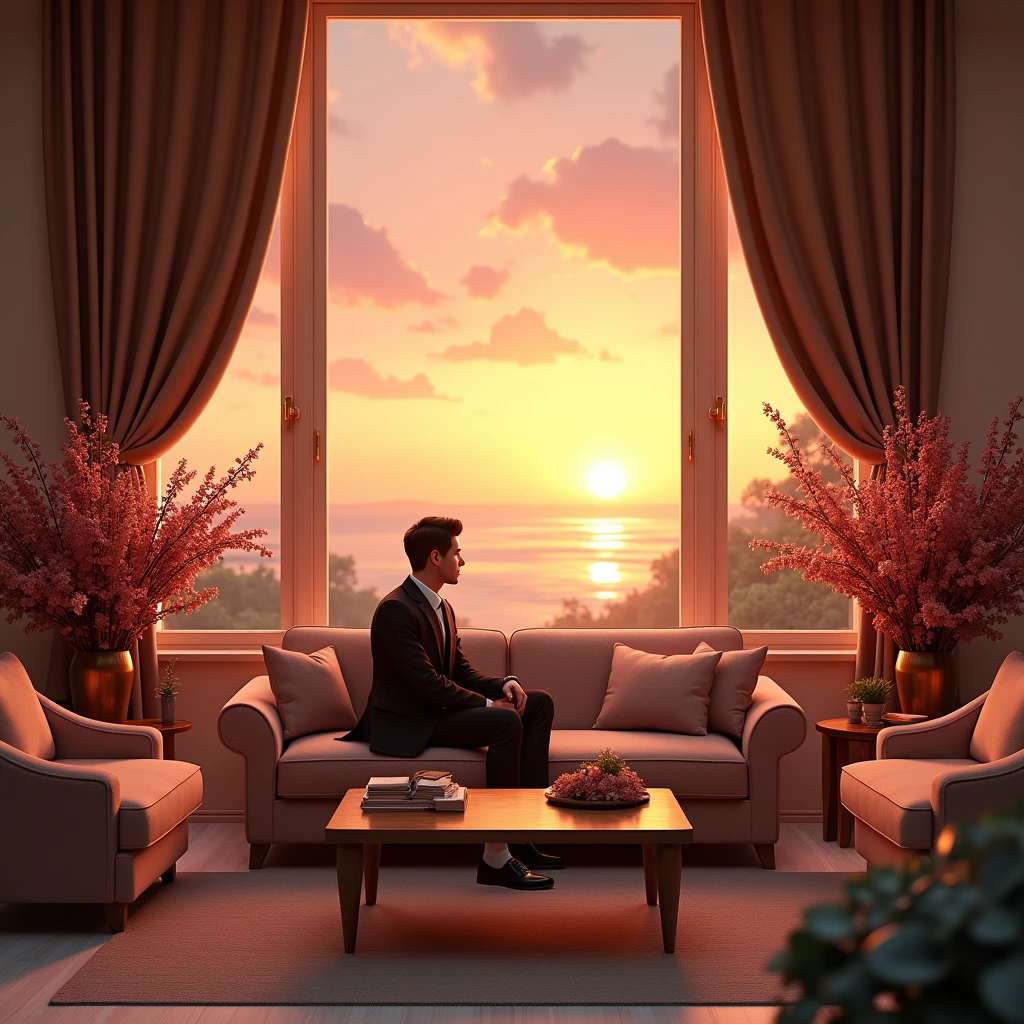 Add flowers,table,sofa,sunset,curtain,window