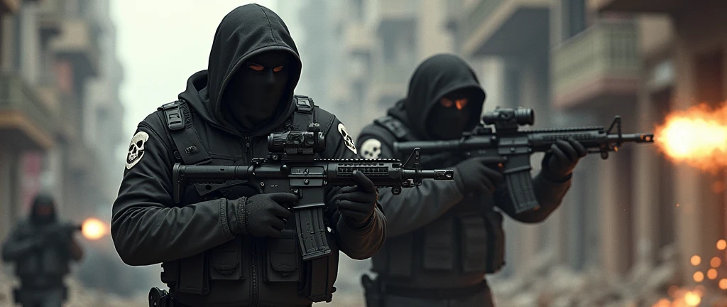 Now create an elite army troop, task force 141 style with the BLACK uniform and skull symbol on the shoulder. Now put this troop in a conflict against terrorists