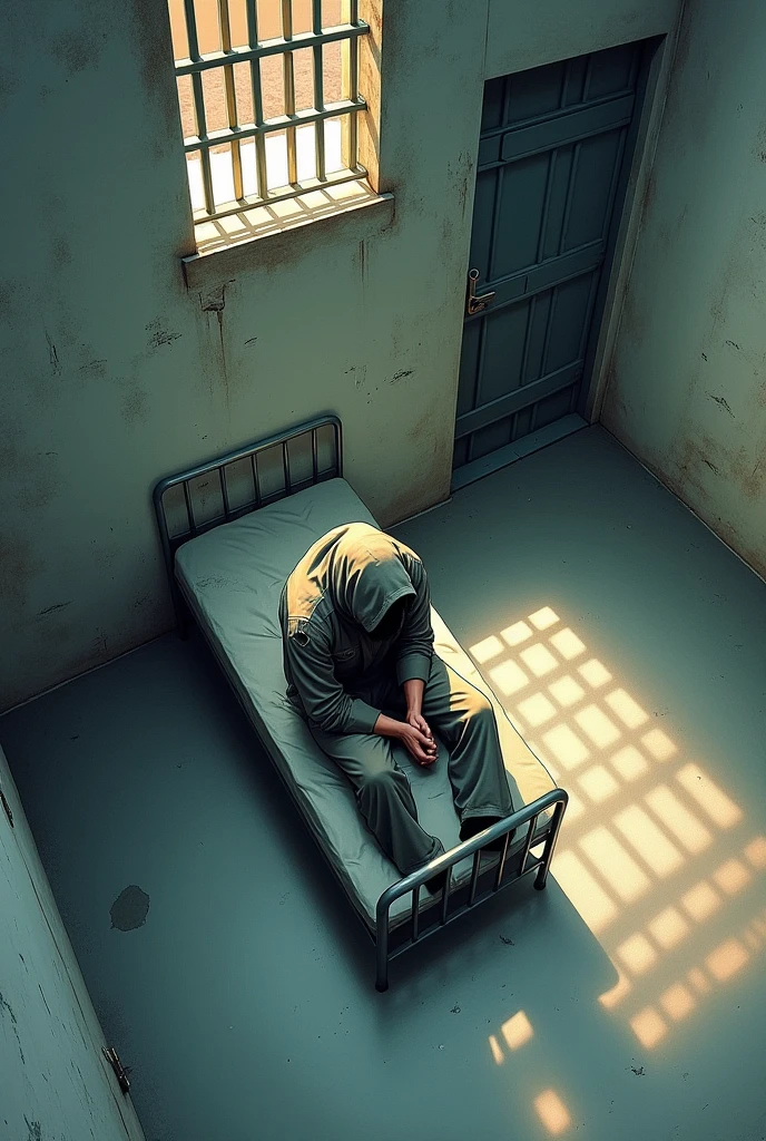 drawn in the form of a colored drawing, a prisoner seen from above in a prison cell