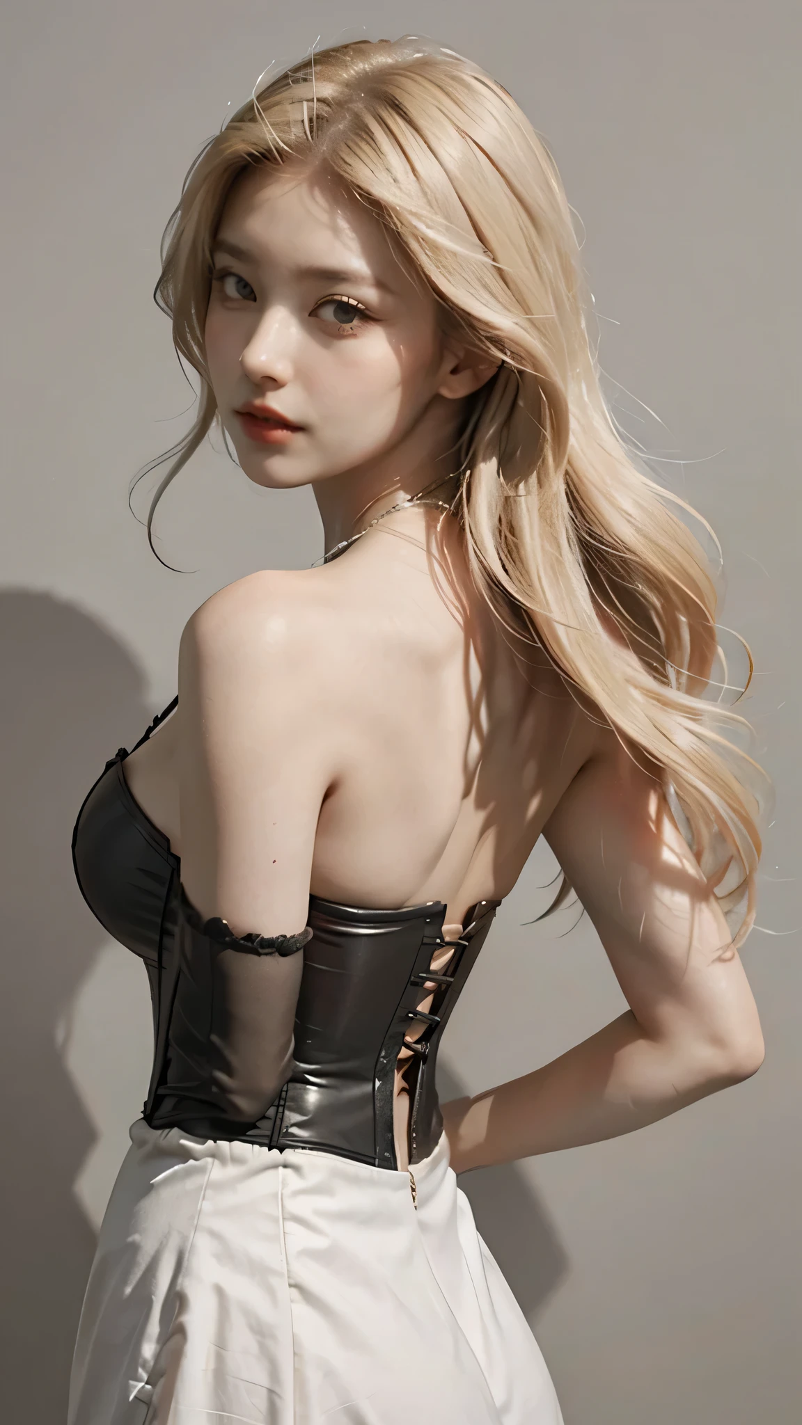 1girl, solo, looking at viewer, blonde long hair, wearing a corset, big ass, brown eyes, upper body, grey background, normal , lips, realistic, .