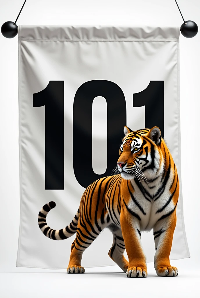 create a flag with the number 101 with the predominant color white and possibly containing a little black and yellow/doradas, and a tiger