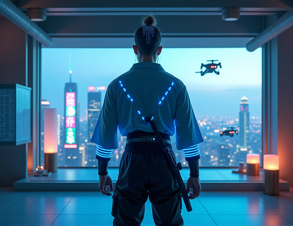 [Subject: Futuristic Outfit Photography - Male] A photorealistic image featuring a modernized kimono with neon blue accents, paired with sleek, black armored pants. The outfit includes a belt with a futuristic katana sheathed at the side, and LED-lit arm guards that glow softly in sync with the ambient lighting. The man's hair is styled in a high-tech topknot, with embedded LED strands that emit a subtle glow. The setting is a high-tech dojo, where digital scrolls display ancient texts on floating holographic screens, and training drones hover nearby, ready for action. The room is bathed in soft, blue neon light, casting an ethereal glow on the surroundings. A large window dominates one wall, offering a view of a sprawling city skyline filled with vibrant neon billboards in the distance. [Lighting: Soft blue neon with subtle shadows] [Camera: Full-body shot capturing the entire outfit and dojo environment] [Resolution: 8k, ultra-realistic] [Style: Futuristic samurai, cyberpunk, Instagram aesthetic] [Inspiration: Ghost in the Shell, Neo Tokyo, Cyber Samurai].

