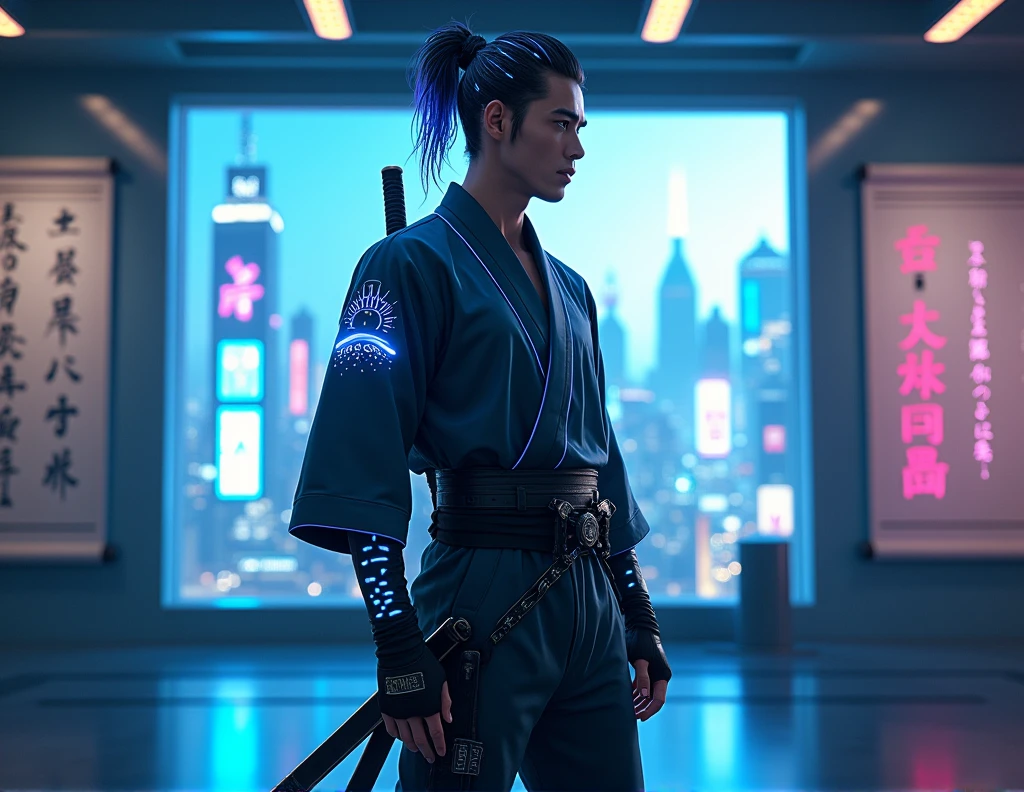 [Subject: Futuristic Outfit Photography - Male] A photorealistic image featuring a modernized kimono with neon blue accents, paired with sleek, black armored pants. The outfit includes a belt with a futuristic katana sheathed at the side, and LED-lit arm guards that glow softly in sync with the ambient lighting. The man's hair is styled in a high-tech topknot, with embedded LED strands that emit a subtle glow. The setting is a high-tech dojo, where digital scrolls display ancient texts on floating holographic screens, and training drones hover nearby, ready for action. The room is bathed in soft, blue neon light, casting an ethereal glow on the surroundings. A large window dominates one wall, offering a view of a sprawling city skyline filled with vibrant neon billboards in the distance. [Lighting: Soft blue neon with subtle shadows] [Camera: Full-body shot capturing the entire outfit and dojo environment] [Resolution: 8k, ultra-realistic] [Style: Futuristic samurai, cyberpunk, Instagram aesthetic] [Inspiration: Ghost in the Shell, Neo Tokyo, Cyber Samurai].
