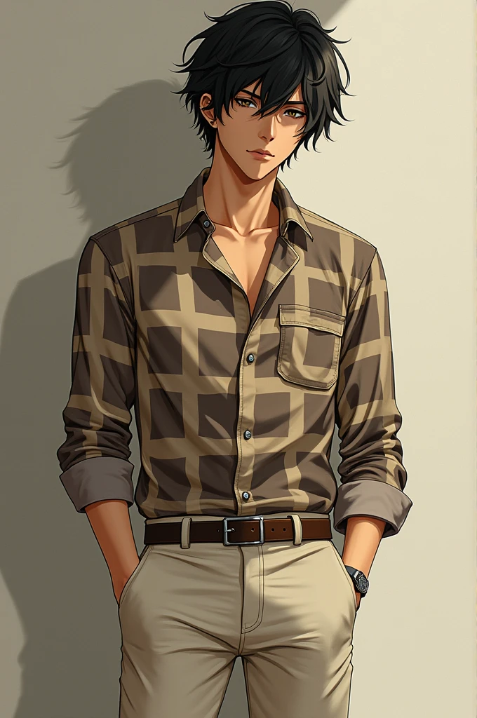 Osamu Dazai from the anime Bungo Stray Dogs with a light brown plaid shirt and cream skini cargo pants