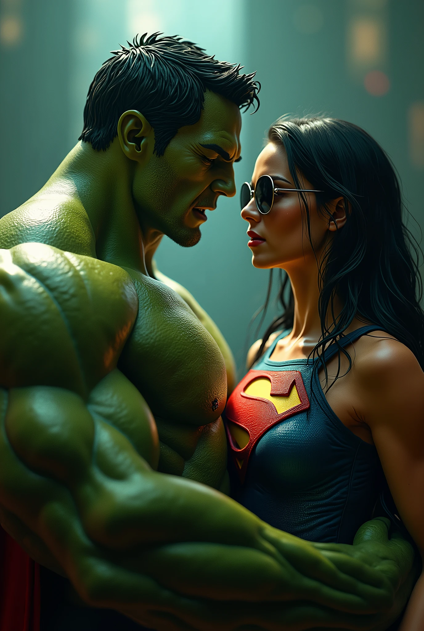 a handsome man in a superman costume,extremely detailed face and body,muscular physique, sunglasses, She-Hulk grabbing him, sucking his dick, high quality 3d render,cinematic lighting,dramatic shadows,vibrant colors,photorealistic,award winning digital art