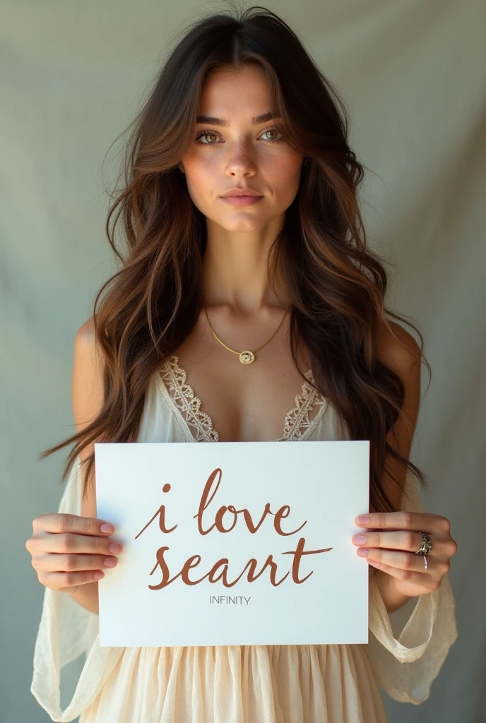 Beautiful girl with wavy long hair, bohemian dress, holding a white board with text "I Love Seaart Infinity" and showing it to the viewer photo réaliste 