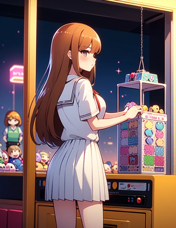 (((masterpiece))), (((Highest quality))), ((Claw Machine)), Place your hand on the bottom panel, Operate the long joystick、Press the button, Use the clamp to lift the toy, One person, Komi Shoko, shy, blush, school uniform, Claw Machine, Rear View,