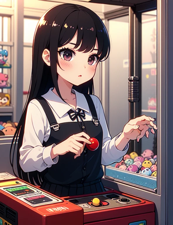 Inside claw plush prize machine, beautiful woman as a prize, between dildos.