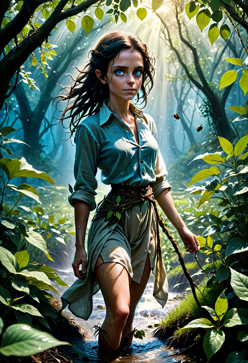 (Realystic:1.4), analog photo style, depths of field, (dark-haired Lightfoot Halfling with blue eyes, wearing a linen shirt), (small leaves and insects got tangled in wet hair), wide waist, (her full body is a visual pleasure), view from above, extremely sexy, dark fantasy atmosphere, deep shadows with the some sun rays, a delicate balance between reality and fantastic, faded colours, great quality, Masterpiece, blurred gloomy background, naturally cinematic light, 16k quality, kodak porta 400, bokeh.