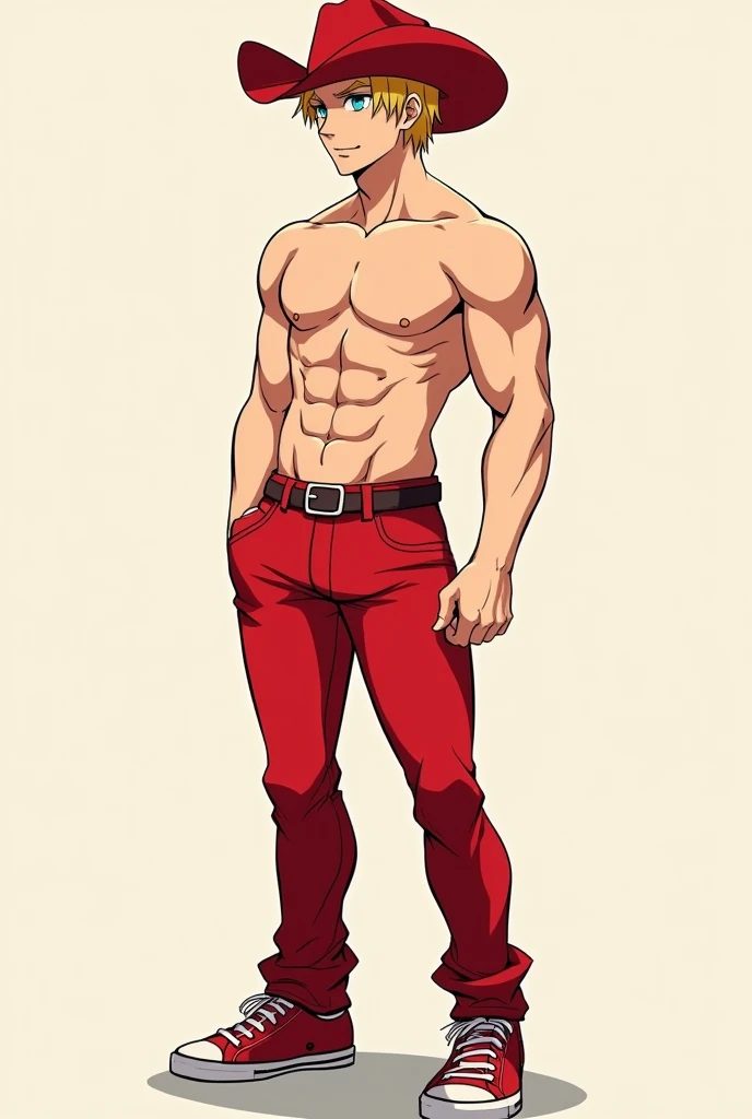 Create an image of a man from a 1, 98 thin but muscular, Caucasian, light blue eyes, semi short blonde hair, shirtless, with red pants, red sneakers and a red cowboy hat, beardless about 2 with anime style, his pants totally red, not so muscular, thin but marked rather, with shorter hair