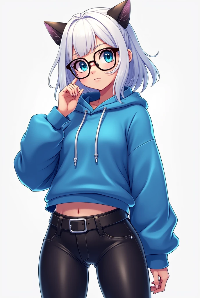 fortnite style girl with white hair wide hips blue eyes wearing allstar glasses shoes and short blue sweatshirt sexy black leggings rear full body