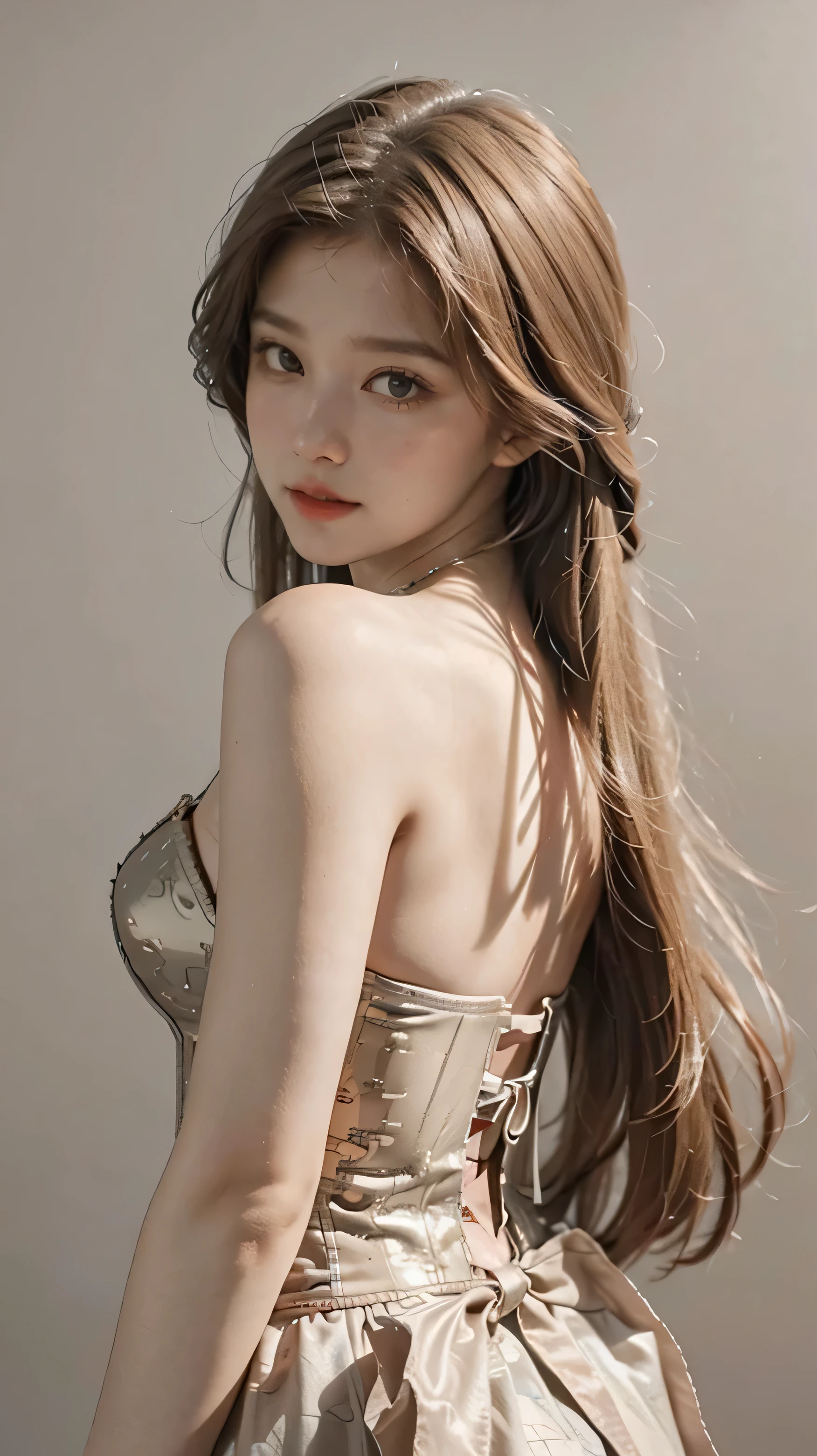 1girl, solo, looking at viewer, blonde long hair, wearing a corset, big ass, brown eyes, upper body, grey background, normal , lips, realistic, .