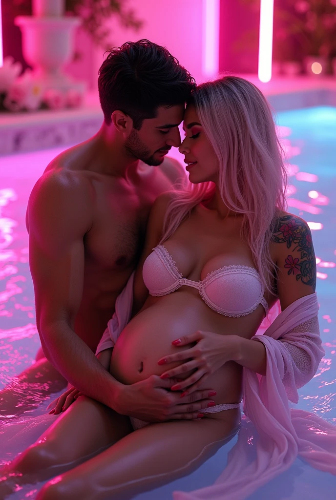 Tan skin girl long eyelashes with lumimous green eyes nude lips red nails wedding long pink and white platnium hair tattoos on arm wearing lingerie with a kimono in a neon pool with pink flowers showing off pregnacy wifh husband kissing his lips 