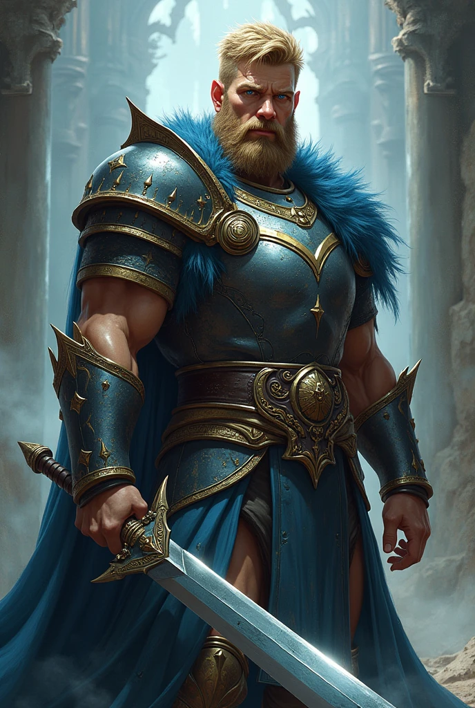 A half-elf human, brawny, short dark blonde hair, blue colored eyes, mystical medieval armor, using a large sword, dark blond beard covering his face.