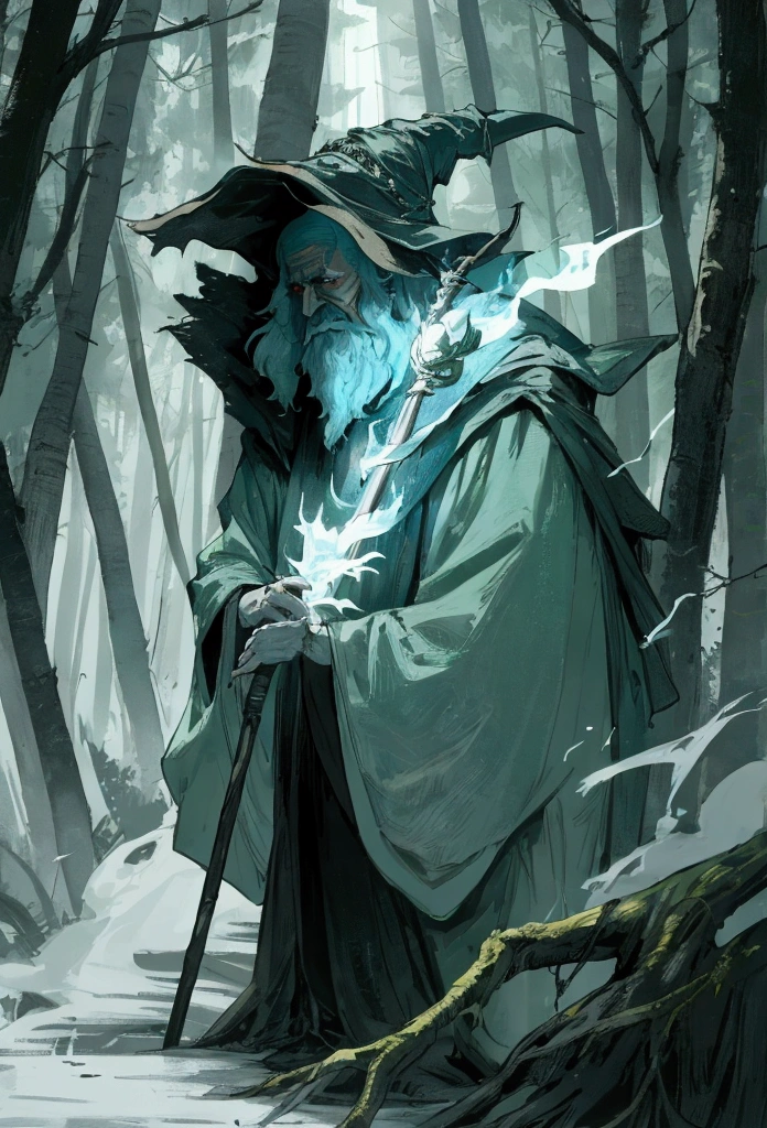 In a mysterious and gloomy forest, an old wizard drives away an evil spirit with the light of his staff.