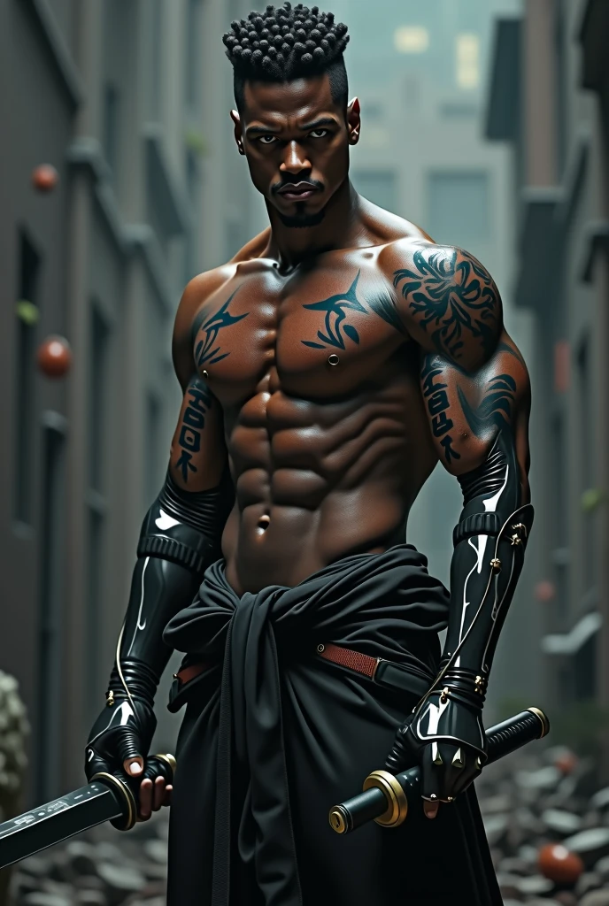 tall young black man, shirtless and scarred, using a katana with a robotic arm 