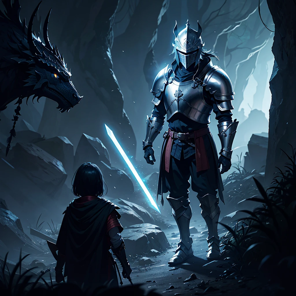 a medieval knight in full plate armor, back turned, holding a sword in his right hand and a glowing torch in his left hand, helmet with a feather, buckler on his back, walking into a dark cave, large black dragon in the cave, dragon's eyes and mouth glowing with fire, (best quality,8k,photorealistic,cinematic lighting,dramatic,dark fantasy,anime style)