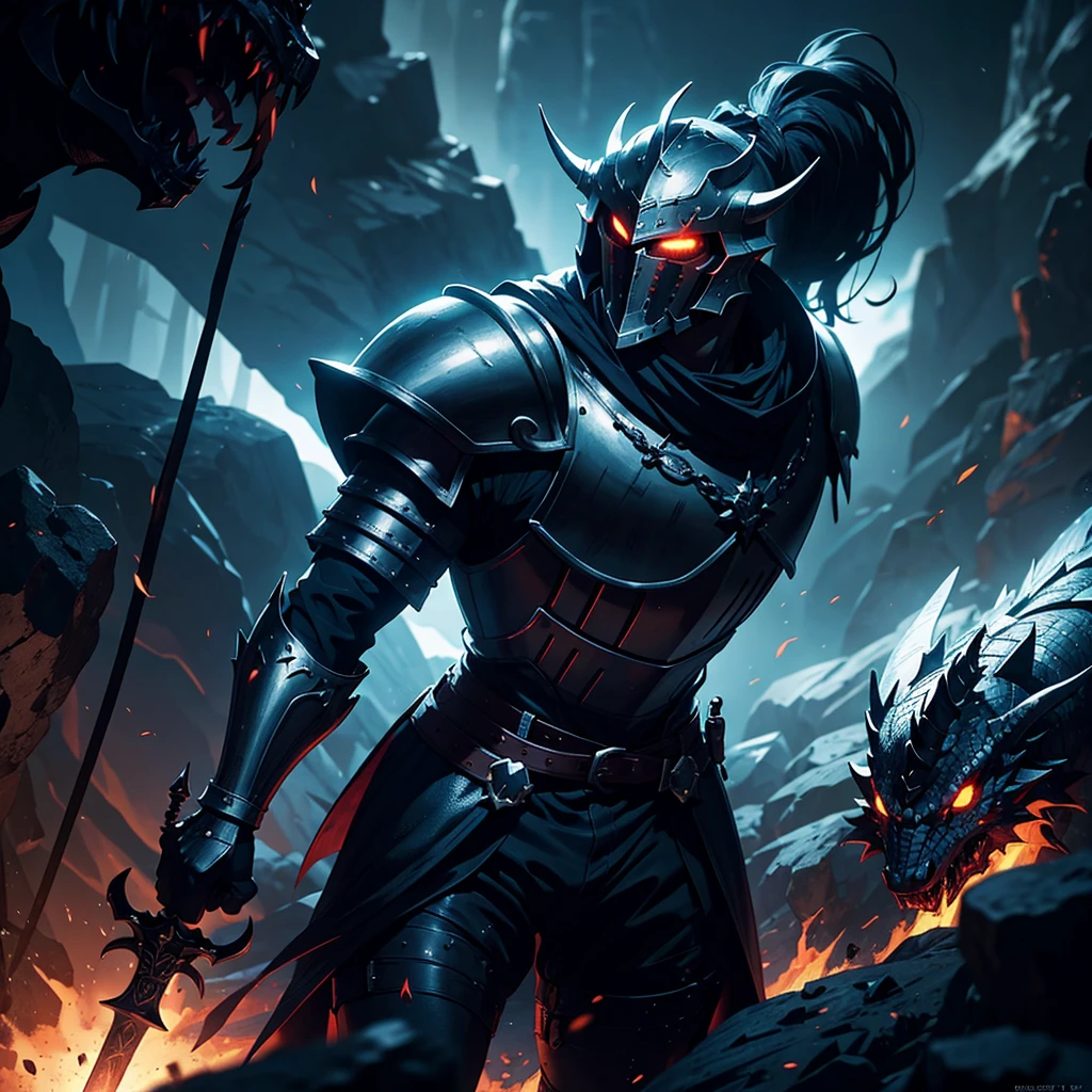 a medieval knight in full plate armor, back turned, holding a sword in his right hand and a glowing torch in his left hand, helmet with a feather, buckler on his back, walking into a dark cave, large black dragon in the cave, dragon's eyes and mouth glowing with fire, (best quality,8k,photorealistic,cinematic lighting,dramatic,dark fantasy,anime style)