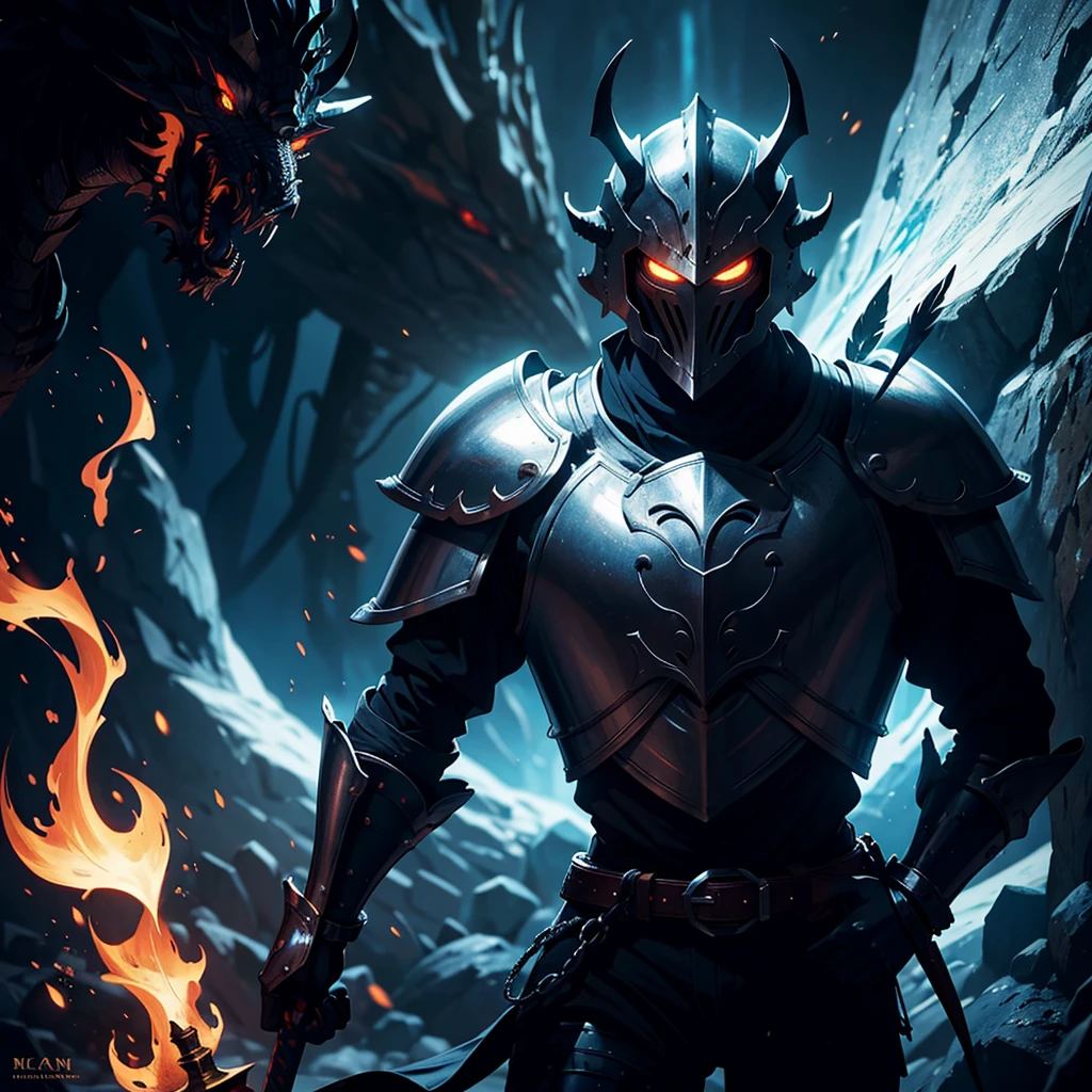 a medieval knight in full plate armor, back turned, holding a sword in his right hand and a glowing torch in his left hand, helmet with a feather, buckler on his back, walking into a dark cave, large black dragon in the cave, dragon's eyes and mouth glowing with fire, (best quality,8k,photorealistic,cinematic lighting,dramatic,dark fantasy,anime style)