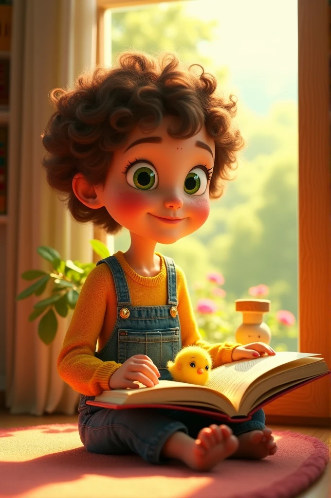 3d Pixar animation,1girl,named Daisy, short curly brown hair, green eyes, freckles, smiling, yellow sweater, overalls, sitting by a large window in a cozy room, They swaihb a book in her hands , small animated chick character, front pocket, the window overlooks a lush, green landscape, and sunlight pours in,casting warm,golden light in the pages of the book