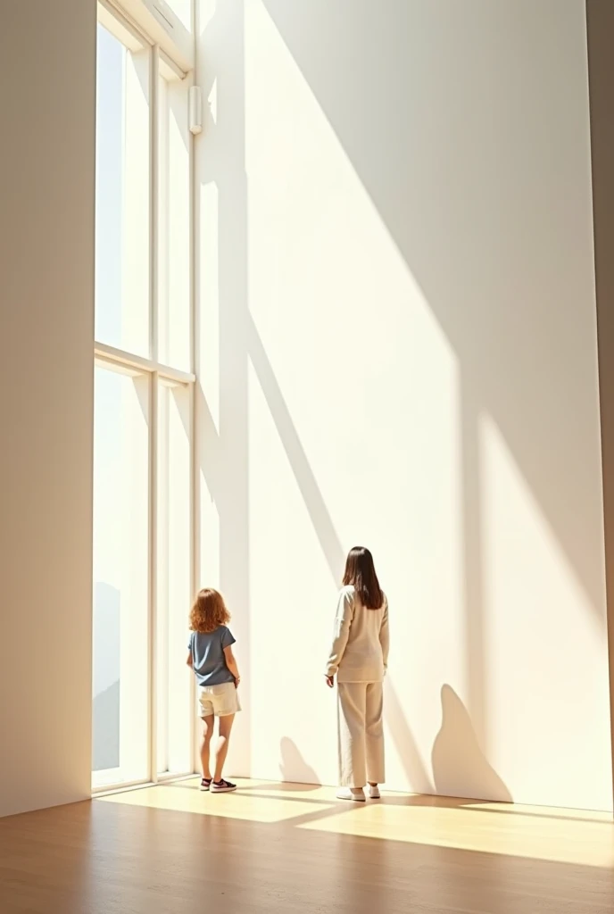 Create a room with windows on the sides, make a wall white, Place two people in the corner of the wall observing it and they are amazed at how beautiful it looks..