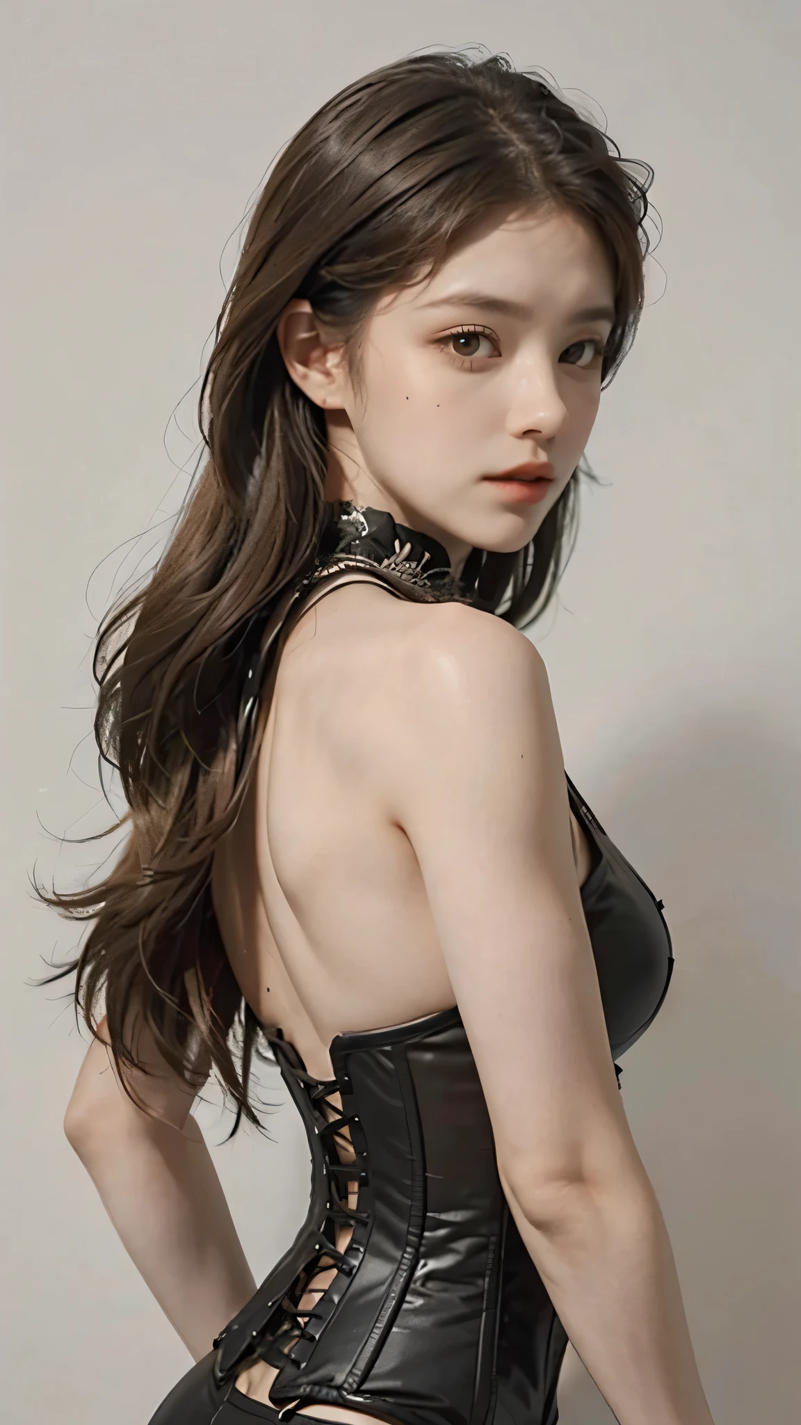 1girl, solo, looking at viewer, blonde long hair, wearing a corset, big ass, brown eyes, upper body, grey background, normal , lips, realistic, .