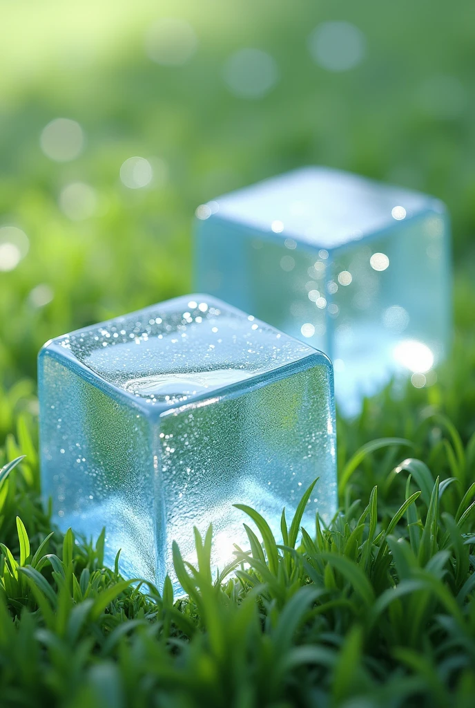Jelly glittery ice cubes on light green grass 3d, do not blur the background