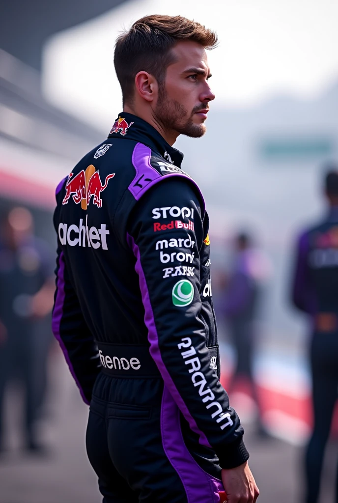 Formula 1 driver standing with his back turned looking to the side with purple details on his clothes