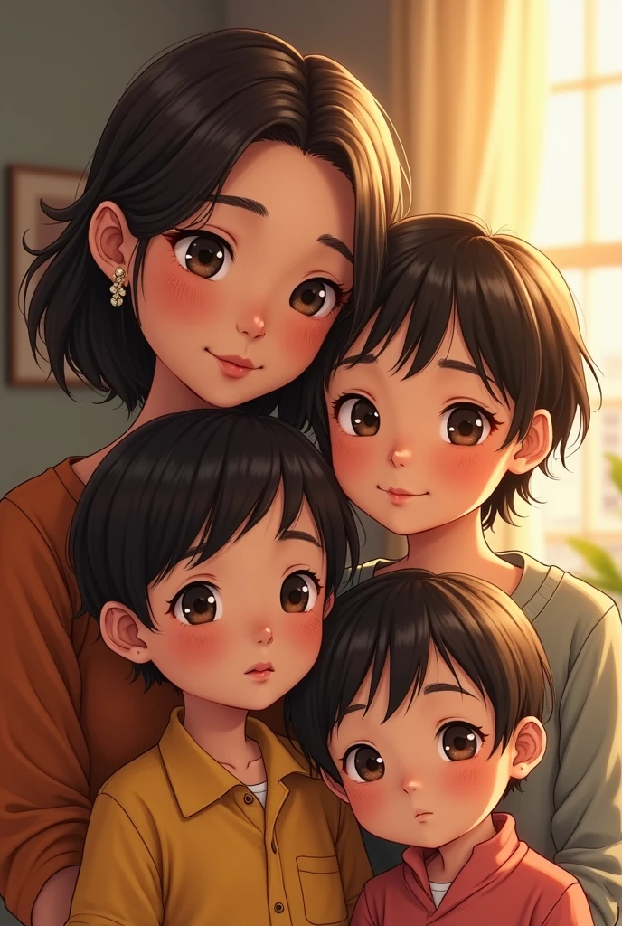 A family of three. Brazilian mother, blonde and brown, son a 30 year old woman, son two man 2, and daughter 3 woman 2. All children of Japanese descent. 
