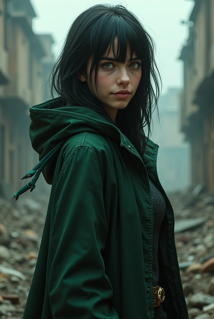 A woman young, black haired, half tanned, intense green eyes the shade of the killing curse with flashes of red, a mischievous smile on the mouth. His features would be a mix of Harry Potter and Tom Riddle when he was young.. She stands in front of a landscape of a ruined city