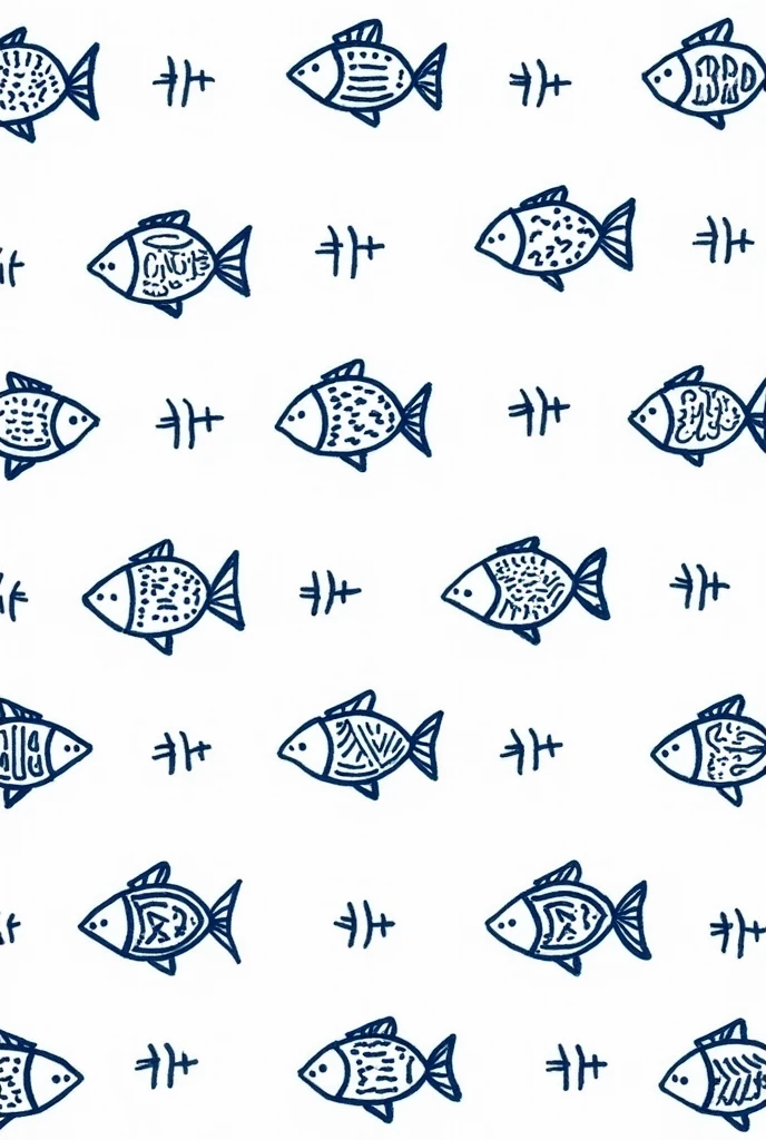 Hand drawn fish pattern in linear style on a white background. Each fish has a simple deep blue outline and is decorated with unique geometric and abstract patterns.. The fish are arranged in neat rows., creating a repetitive and symmetrical design with an artistic and playful style