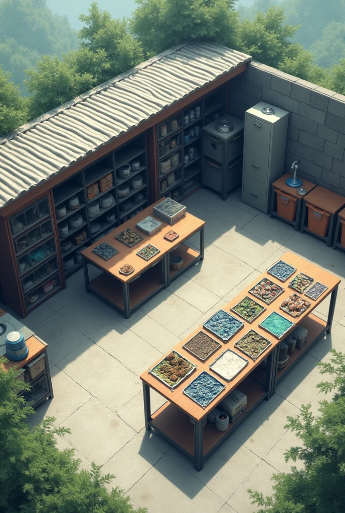 a cemented area, partially covered by a roof but without walls, with a central table and several shelves and boxes on the sides. In the roofless area, a long table on which trays full of biological samples are arranged.