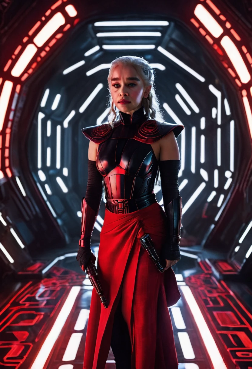 obra maestra, mejor calidad, Emilia Clarke as Qi'rand Darth Maul, brunette curly long hair,  in a futuristic room throne room near a window at night, wide open eyes, wears a mini red futuristic skirt , wears a black top, misterious, masterpiece, 8k, dinamic pose, holding a star wars gun, 