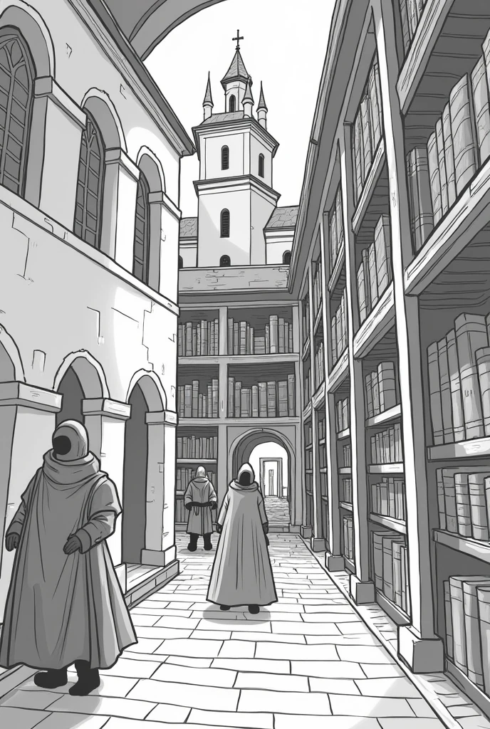 monastery:

Draw the facade of a medieval monastery with WHITE architecture. May include arches, towers and narrow windows.
To highlight the dark and mysterious atmosphere, add shadows and contrast.
bookcase:

Include a medieval library, which is a central element of the book. Imagine tall bookshelves with old, heavy books, perhaps with a wooden ladder to reach the higher shelves.
Shelves can have stacked books and scrolls, with some pages fluttering, suggesting the atmosphere of investigation and secrecy.
Personagens:

Include shadowy, understated figures, representing the main characters as William of Baskerville and Adso of Melk. They may be dressed in medieval clothing and have expressions of concentration or mystery..
Add details like a magnifying glass or a quill pen, symbolizing the search for knowledge and investigation.
enviroment:

Create a sense of darkness and mystery with shades of black and gray. The background can be a mixture of shadows and soft lights., reflecting the tension and suspense of the plot.
Symbolic Details:

Consider adding symbols related to the puzzle, like a skull or a rosette, to represent the title and the theme of mystery and death.

styled:
coloring page