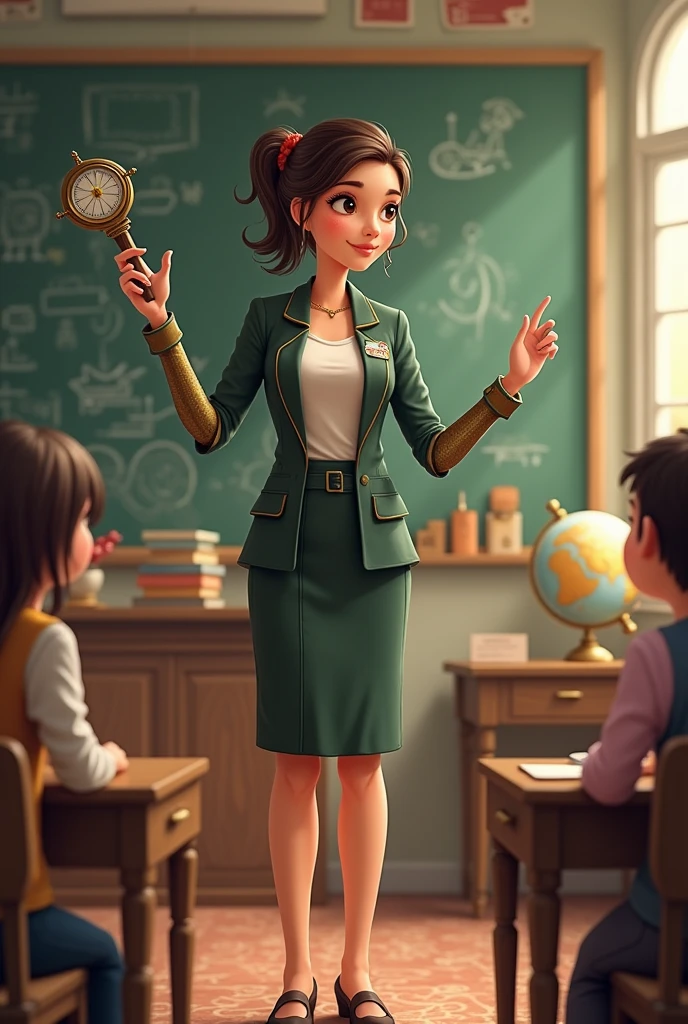 Miss Circle teacher who has a compass instead of an arm