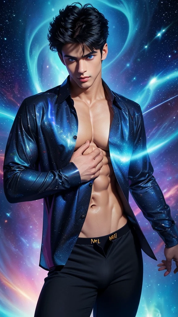 (1980s anime), (Cosmic Fallen Angel: 1.5), (masterpiece, high resolution, detailed:1.3), a mesmerizing depiction of a (strikingly handsome young man:1.5, (face: Matthew Daddario)) donning (cosmic print shirt and black pants, bulge:1.5), (open shirt showcasing chest and abs: 1.5), gorgeous, beautiful, wet, muscular, breathtaking grandeur, best quality, Biomechanical, eerie, Creepy, nightmarish, Very bright colors, Light particles, with light glowing, Mshiff, wallpaper art, UHD wallpaper, his (toned physique:1.5) is bathed in the soft glow of distant stars, and a hot glow in his skin, creating an otherworldly aura. As he sexually gazes out into the depths of space, his (intense blue eyes:1.2) reflect the wonder and curiosity of his cosmic journey. The intricate details of his attire and the (subtle gleam:1.2) on his skin are meticulously captured, lending an air of realism to the scene. (Sexiest pose: 1.5)