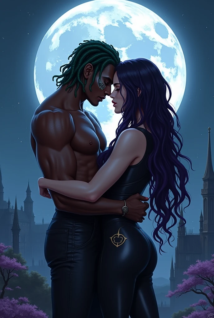 A moon centered over a kingdom with two men kissing in the background, um naughty man é negro com marcas de vitiligo no rosto e tem cabelo verde trançado e o outro naughty man tem cabelo cumprido preto com tons roxos, with a sleeveless black outfit and a star design on the hip (naughty man)